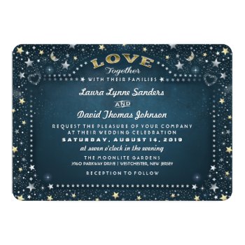 Teal White & Gold Moon & Stars "together With" 5x7 Paper Invitation Card by juliea2010 at Zazzle