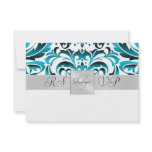 Teal & White Monogram Half Damask RSVP Invitation