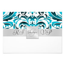 Teal & White Monogram Half Damask RSVP Invitation