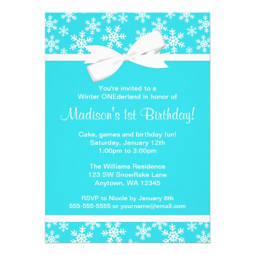 Teal White Snowflakes Bow Winter ONEderland Announcement