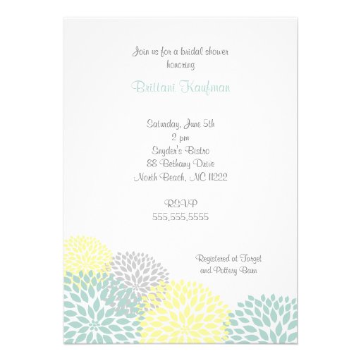 Teal Yellow Gray grey Dahlia Bridal Shower Invite