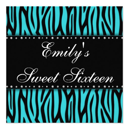 Teal Zebra Diamonds Sweet 16 Birthday Invitations