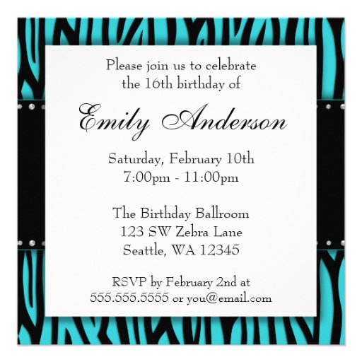 Teal Zebra Diamonds Sweet 16 Birthday Invitations