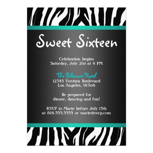 Teal Zebra - Photo - Sweet 16 Invitation