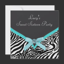Teal Zebra Sweet 16  Birthday Party Invite