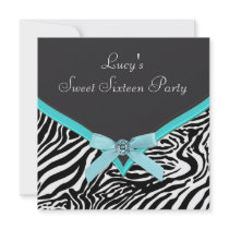Teal Zebra Sweet 16  Birthday Party Invite