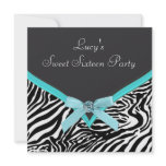 Teal Zebra Sweet 16  Birthday Party invitations
