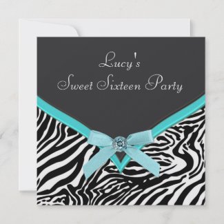 Teal Zebra Sweet 16 Birthday Party Invite