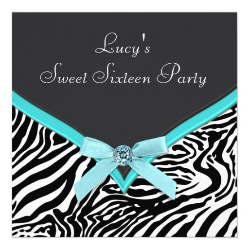 Teal Zebra Sweet 16  Birthday Party Invite