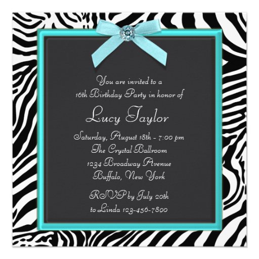 Teal Zebra Sweet 16  Birthday Party Invite