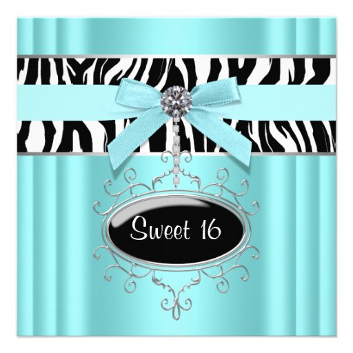 Teal Zebra Sweet 16 Birthday Party Invites