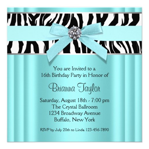 Teal Zebra Sweet 16 Birthday Party Invites