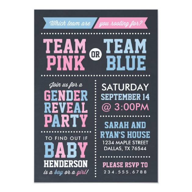 Team Pink or Team Blue Chalkboard Gender Reveal Card (front side)