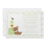 Teddy bear and bird neutral baby shower invitation