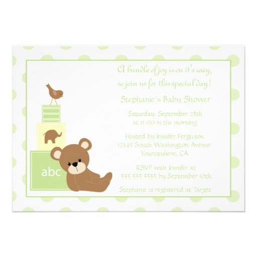 Teddy bear and bird neutral baby shower invitation
