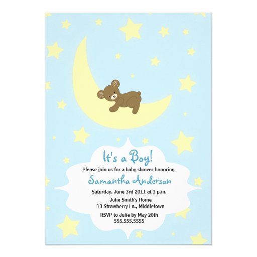 Teddy Bear and Moon Baby Shower Invite - Boy
