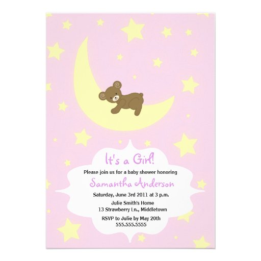 Teddy Bear and Moon Baby Shower Invite - Girl