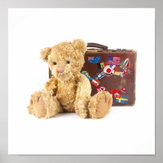 teddy bear and vintage old suitcase with world sti poster