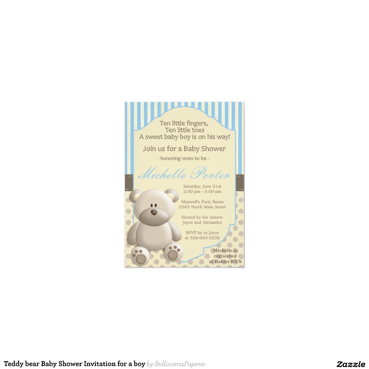 Teddy bear Baby Shower Invitation for a boy 4.5" X 6.25" Invitation