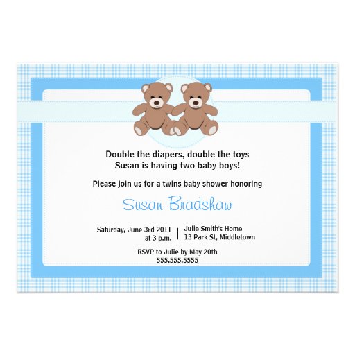 Teddy Bear Baby Shower Invitation - Twin Boys
