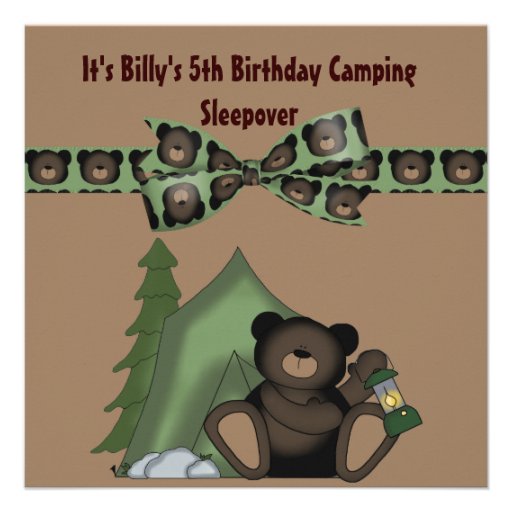 Teddy Bear Birthday Camp Sleepover Personalized Invite (front side)