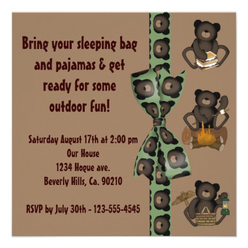 Teddy Bear Birthday Camp Sleepover Personalized Invite