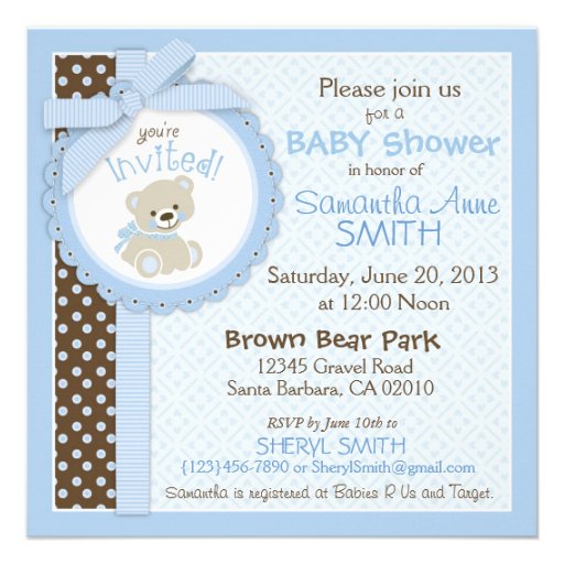 Teddy Bear Boy Baby Shower Blue 2 Personalized Invite