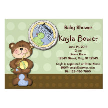 Teddy Bear Boy Brown Green Baby Shower Custom Invitation