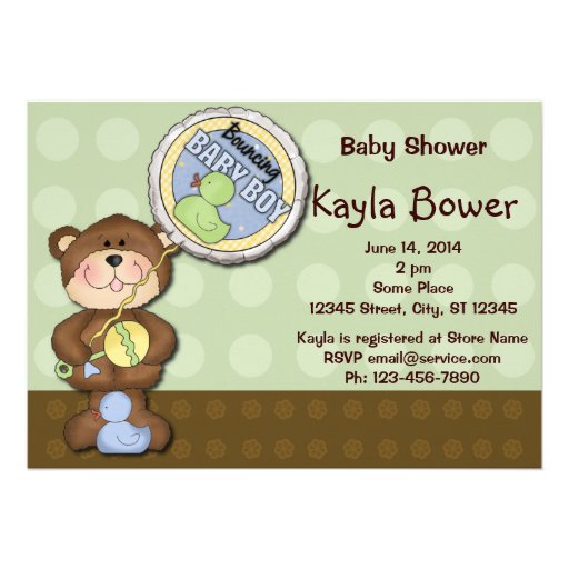 Teddy Bear Boy Brown Green Baby Shower Custom Invitation
