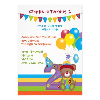 Teddy Bear Clown Second Birthday Party Invitation