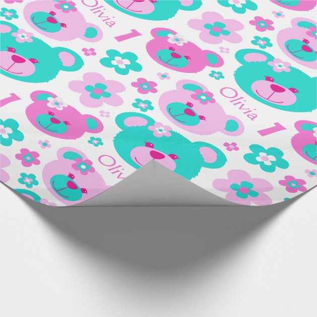 Teddy bear flowers 1st birthday name gift paper wrapping paper-3