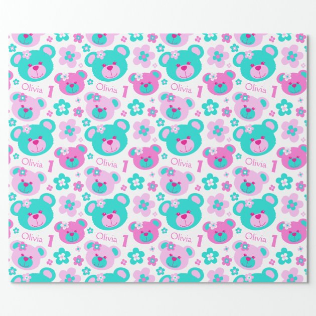 Teddy bear flowers 1st birthday name gift paper wrapping paper 2/4