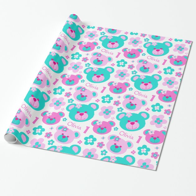Teddy bear flowers 1st birthday name gift paper wrapping paper 1/4