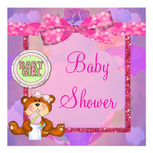 Teddy Bear Girl Glitter Sparkle Baby Shower Invites from Zazzle.com