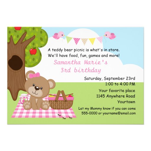 Teddy Bear Girl's Picnic Birthday Personalized Invitation