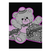 Teddy Bear Grey & Pink on Black Personalized Invitation