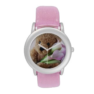teddy bear holding calla lilies glitter watch