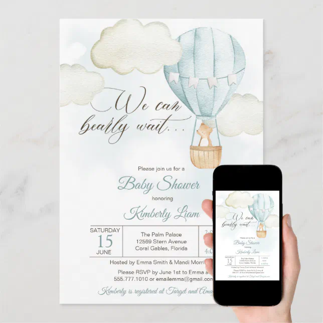 Teddy Bear Hot Air Balloon Boy Baby Shower Invitation Zazzle