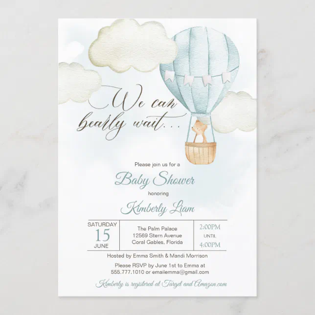 Teddy Bear Hot Air Balloon Boy Baby Shower Invitation Zazzle