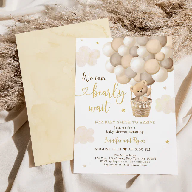 Teddy Bear Hot Air Balloon Gold Baby Shower Invitation Zazzle
