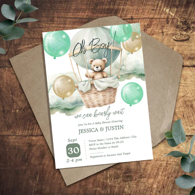 Teddy Bear Hot Air Balloon Green Baby Shower Invitation Zazzle