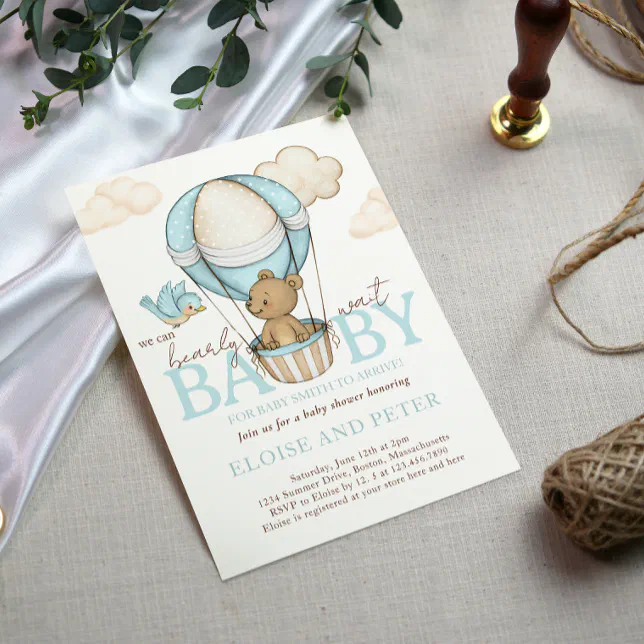 Teddy Bear Hot Balloon Boy Bearly Wait Baby Shower Invitation Zazzle