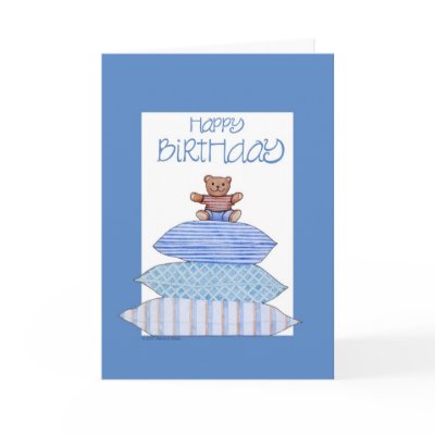 Teddy Bear on Cushions Birthday Cards by floatinglemons
