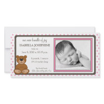 Teddy Bear Pink Customized Birth Announcement Photo Greeting Card