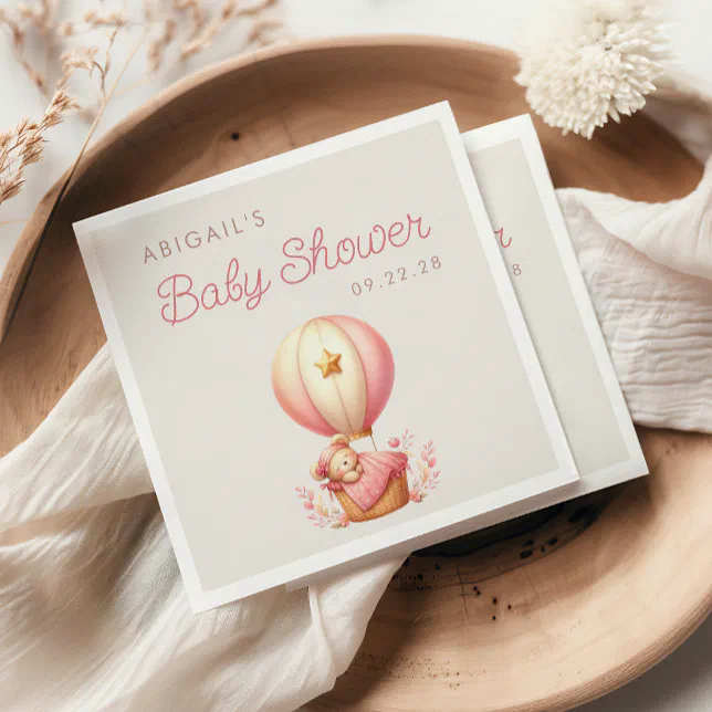Teddy Bear Pink Hot Air Balloon Girl Baby Shower Napkins Zazzle