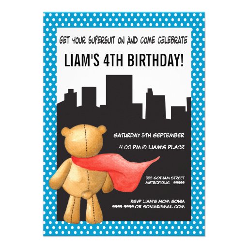 Teddy Bear Super Hero Boys Birthday Party Invite