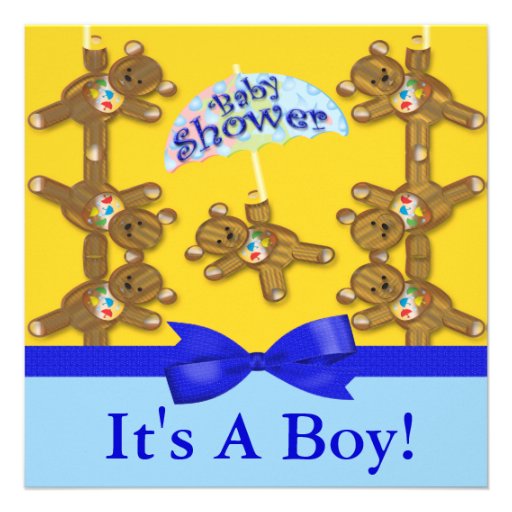 Teddy Bear Umbrella Boy Baby Shower Invite