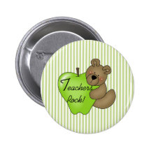 Teddy Bear with Apple Teachers Rock Pinback Button