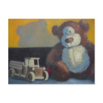 Teddy bear with wooden truck postcards