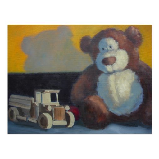 Teddy bear with wooden truck postcard Zazzle